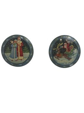 Handmade Russian Folk Art Santa & Reindeer Christmas Brooch Pin Set VTG Holiday